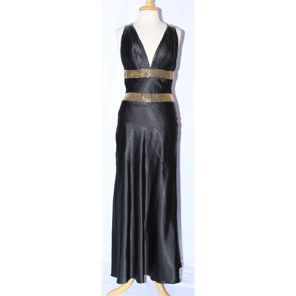 MayQueen #456 Long Satin Beaded Prom or Evening Gown-Sizes 10-BLACK-NWT - Picture 1 of 5